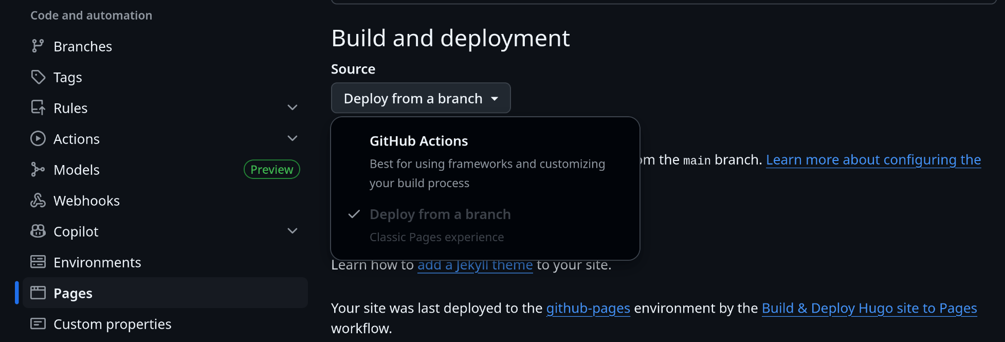 Screenshot of the option to build and deploy using a GitHub Action instead of from a branch