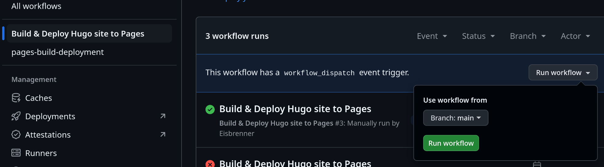 Screenshot of the manual trigger for the GitHub workflow